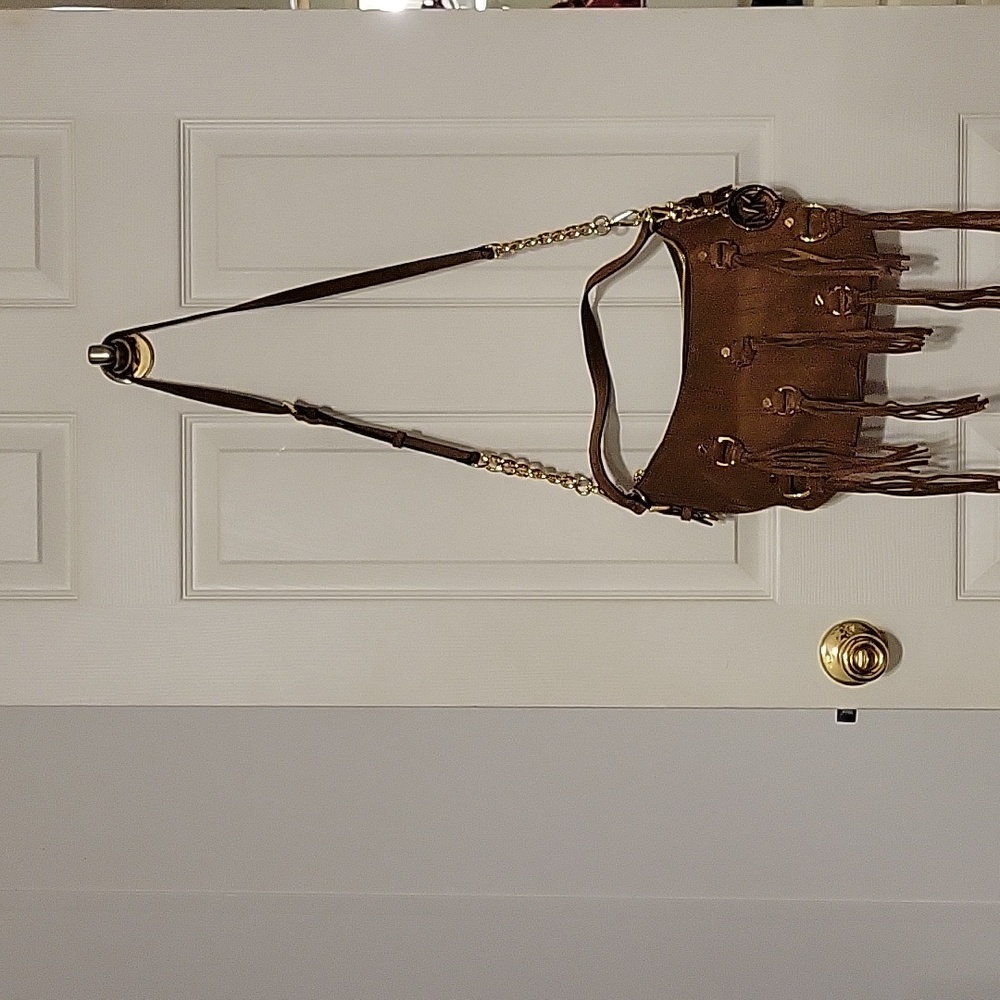 Michael Kors Presley Suede Crossbody Bag Dark Caramel Gold Fringe Boho
